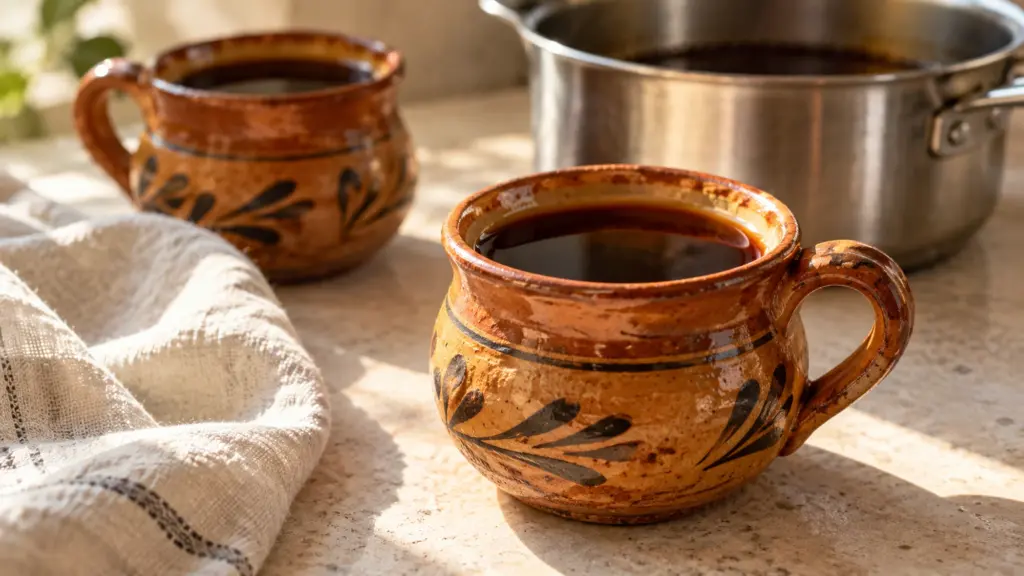 Two small cups of café de olla beside a saucepan.