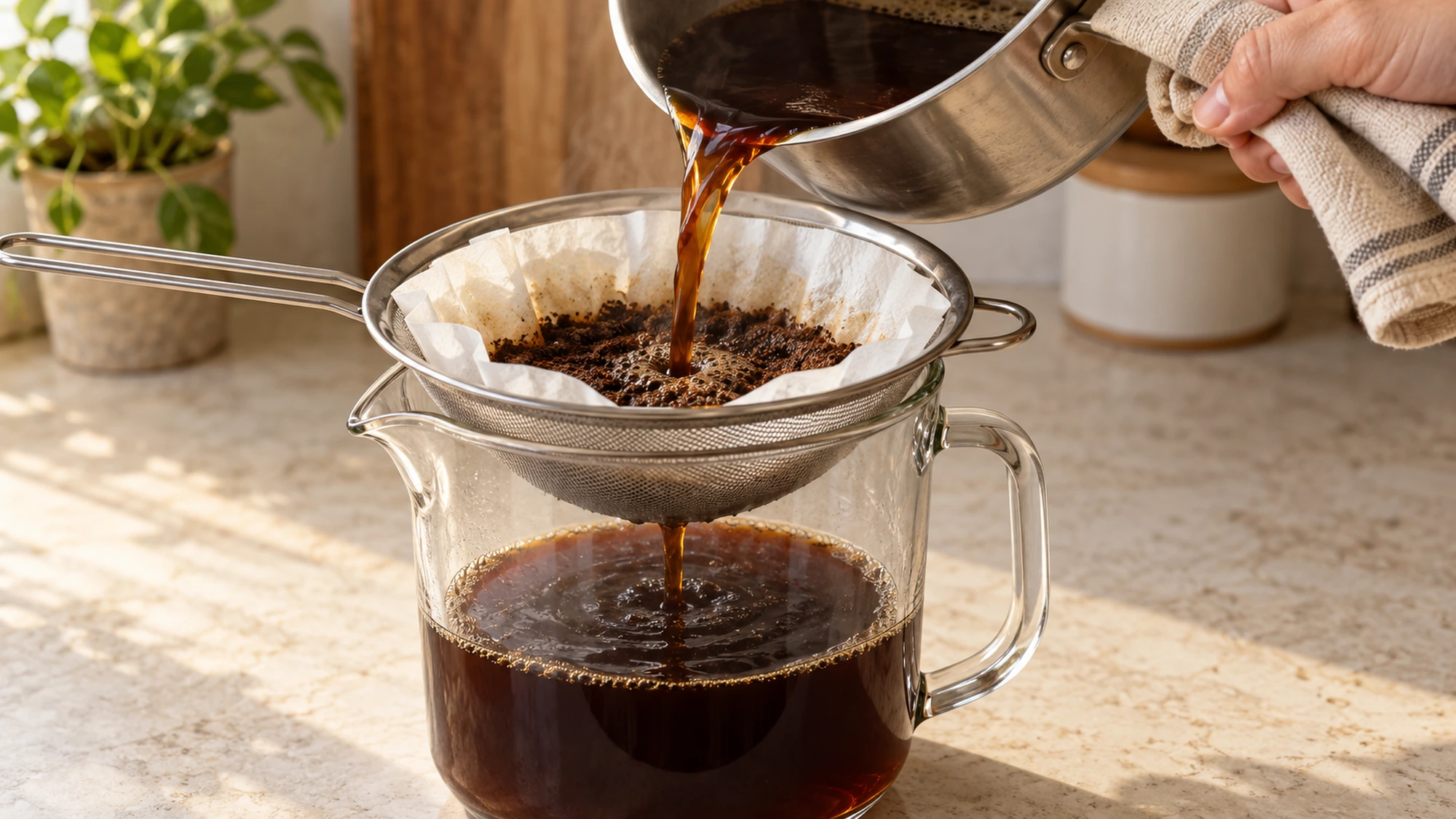 Café de olla poured through a paper-lined strainer into a heatproof jug.