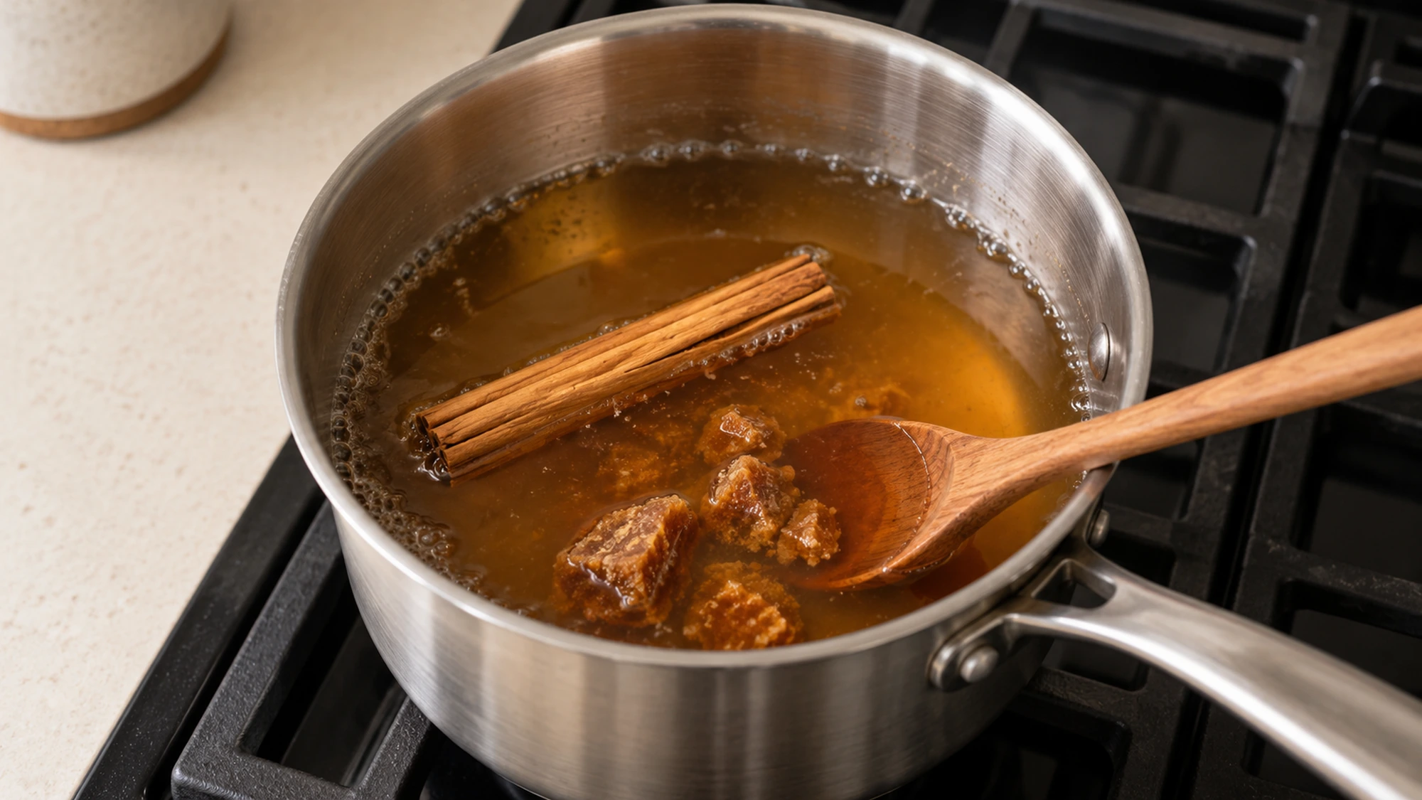 Piloncillo and canela simmering in water for café de olla.