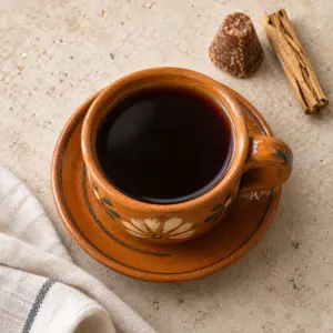 Overhead view of café de olla in an ochre cup and saucer.