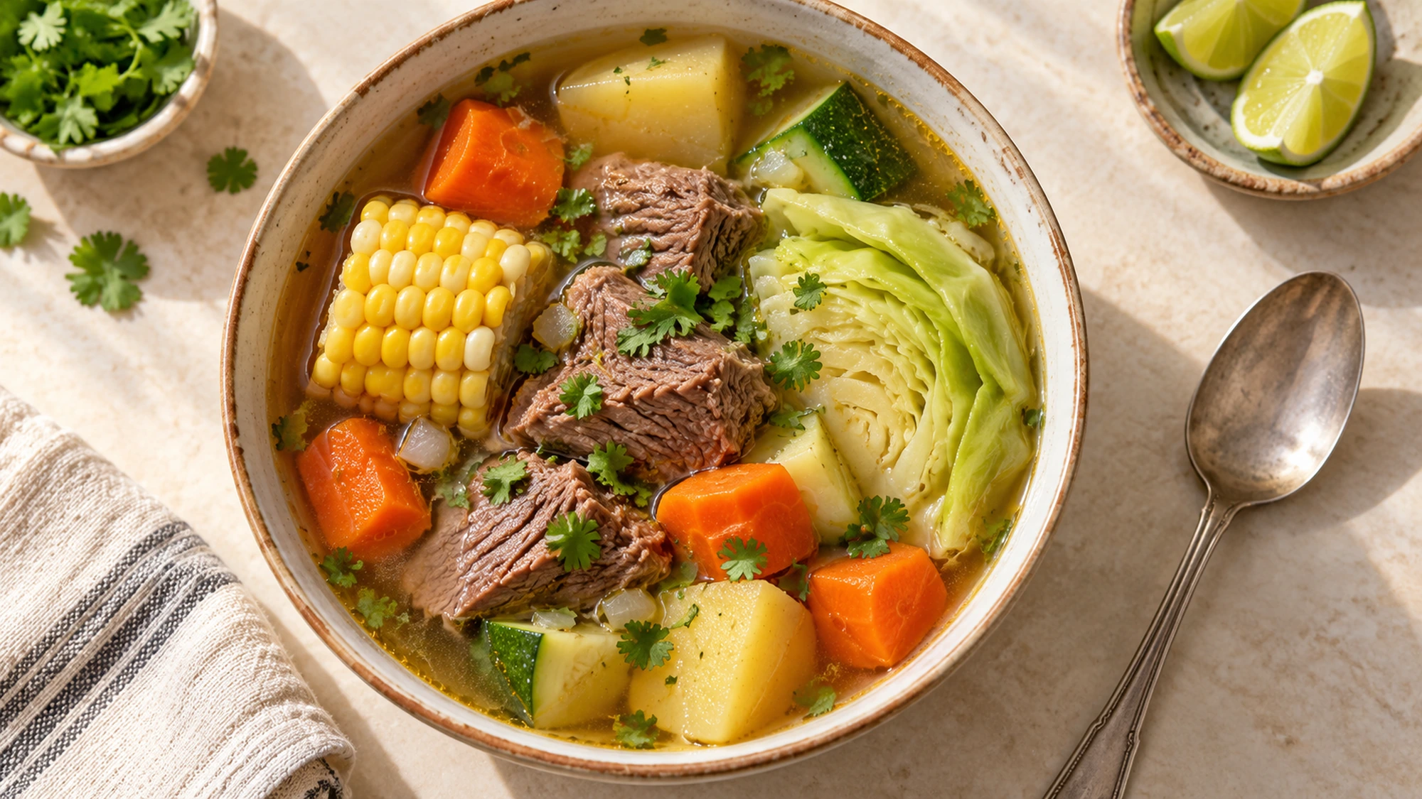 Caldo de res viewed from above with chunky vegetables and beef ready to serve.