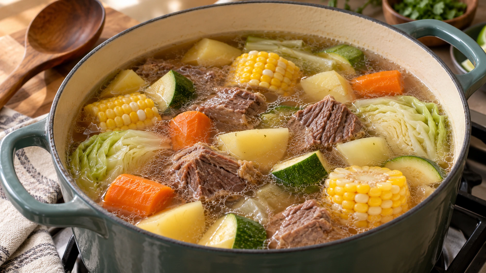 Caldo de res simmering in a pot with beef, corn and large vegetable pieces.