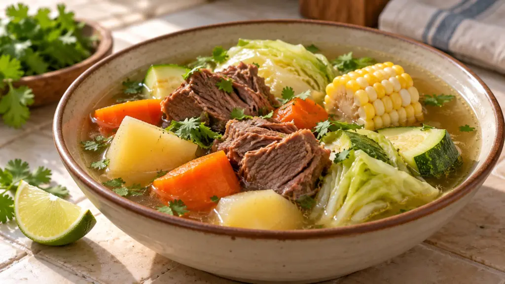 Caldo de res with tender beef, corn, carrots, potatoes, cabbage and zucchini in clear broth.