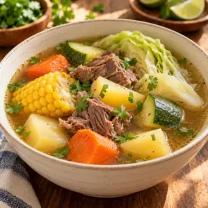 Caldo de res in a bowl with beef, corn, carrot, potato and cabbage.
