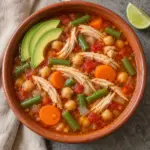 Overhead view of caldo tlalpeño with chicken, chickpeas and vegetables.