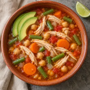 Overhead view of caldo tlalpeño with chicken, chickpeas and vegetables.