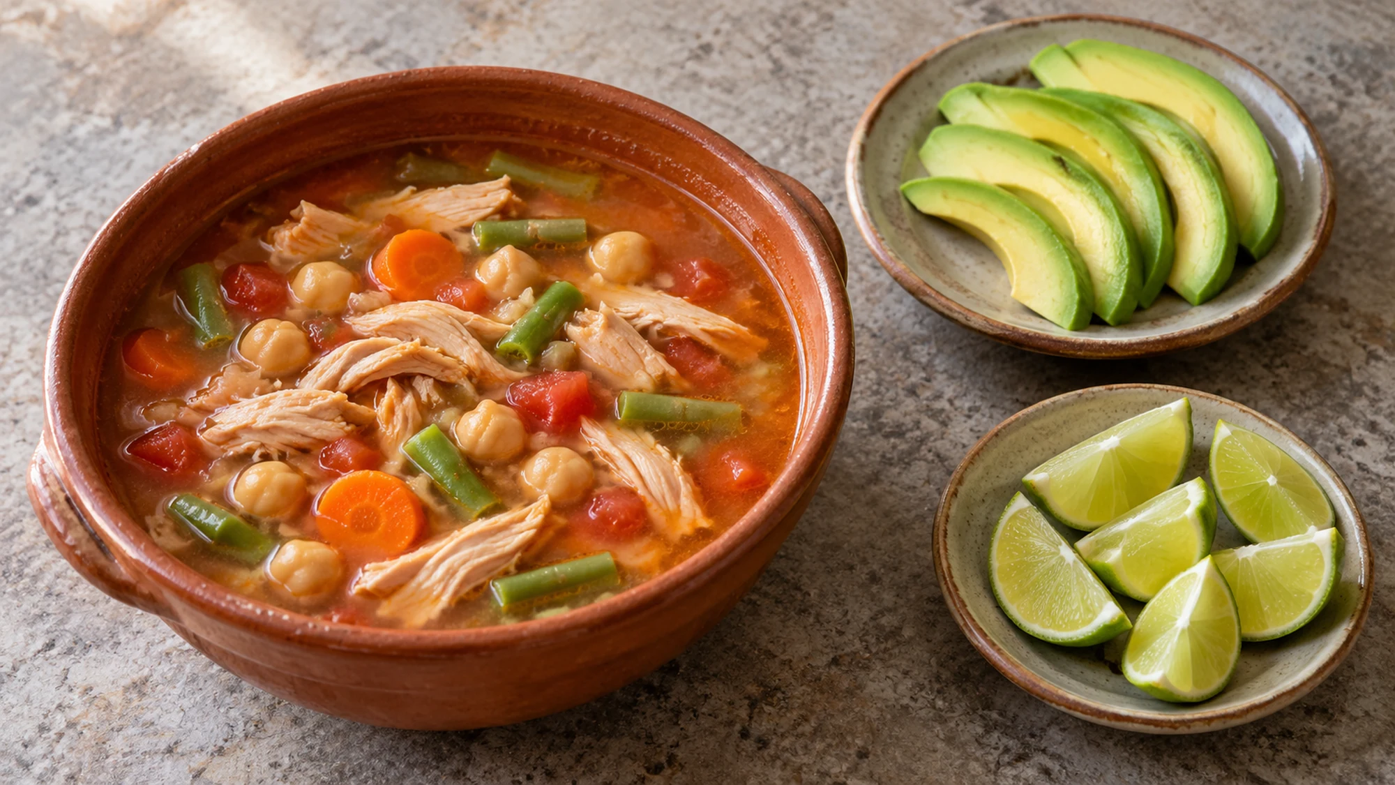 Caldo tlalpeño served with sliced avocado and lime wedges alongside.