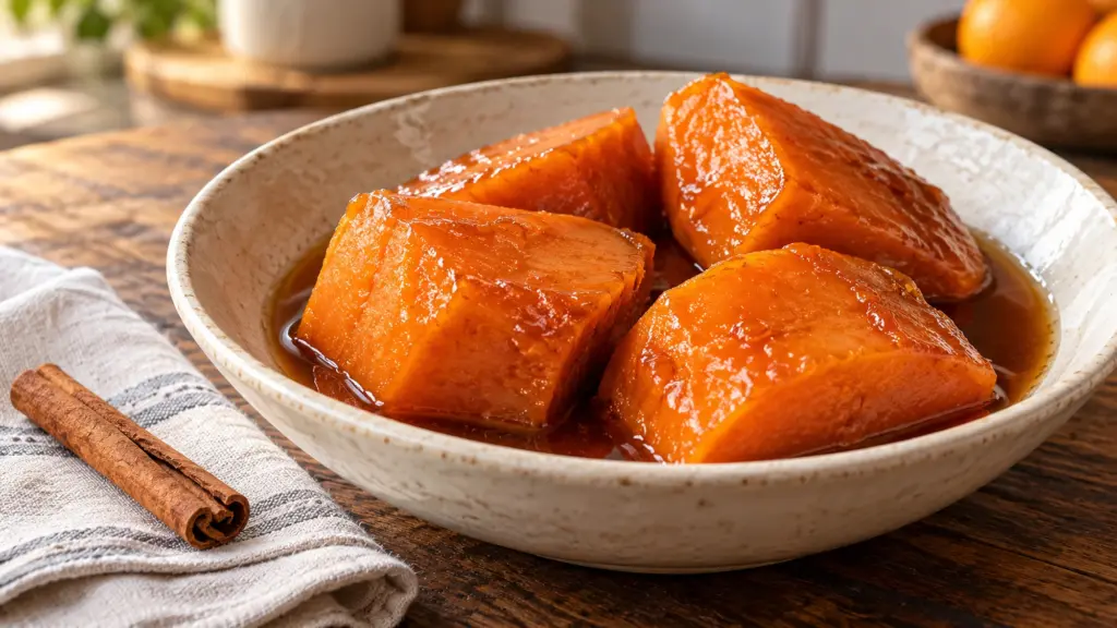 Camotes en dulce with glossy piloncillo syrup in a shallow bowl.