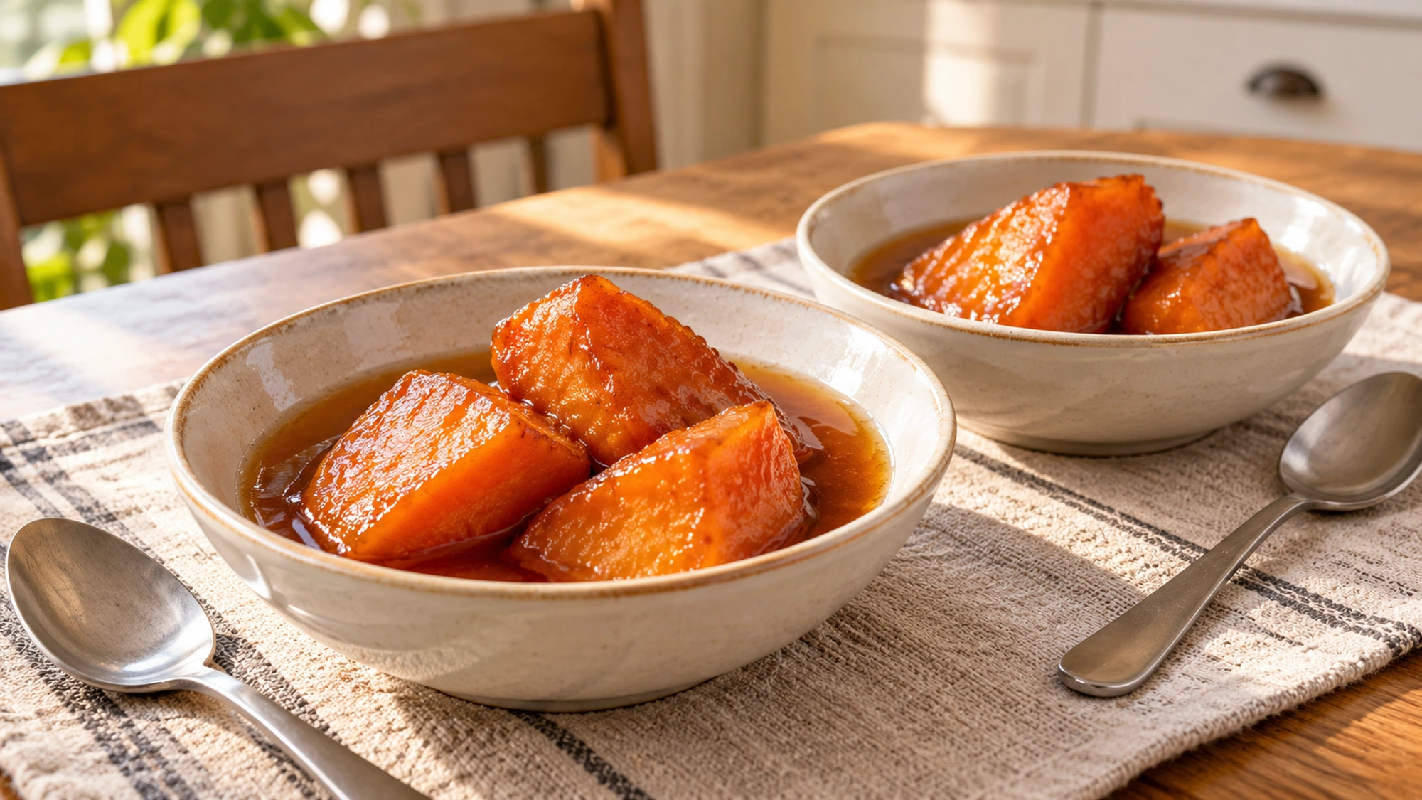 Camotes en dulce portioned into two shallow dessert bowls.