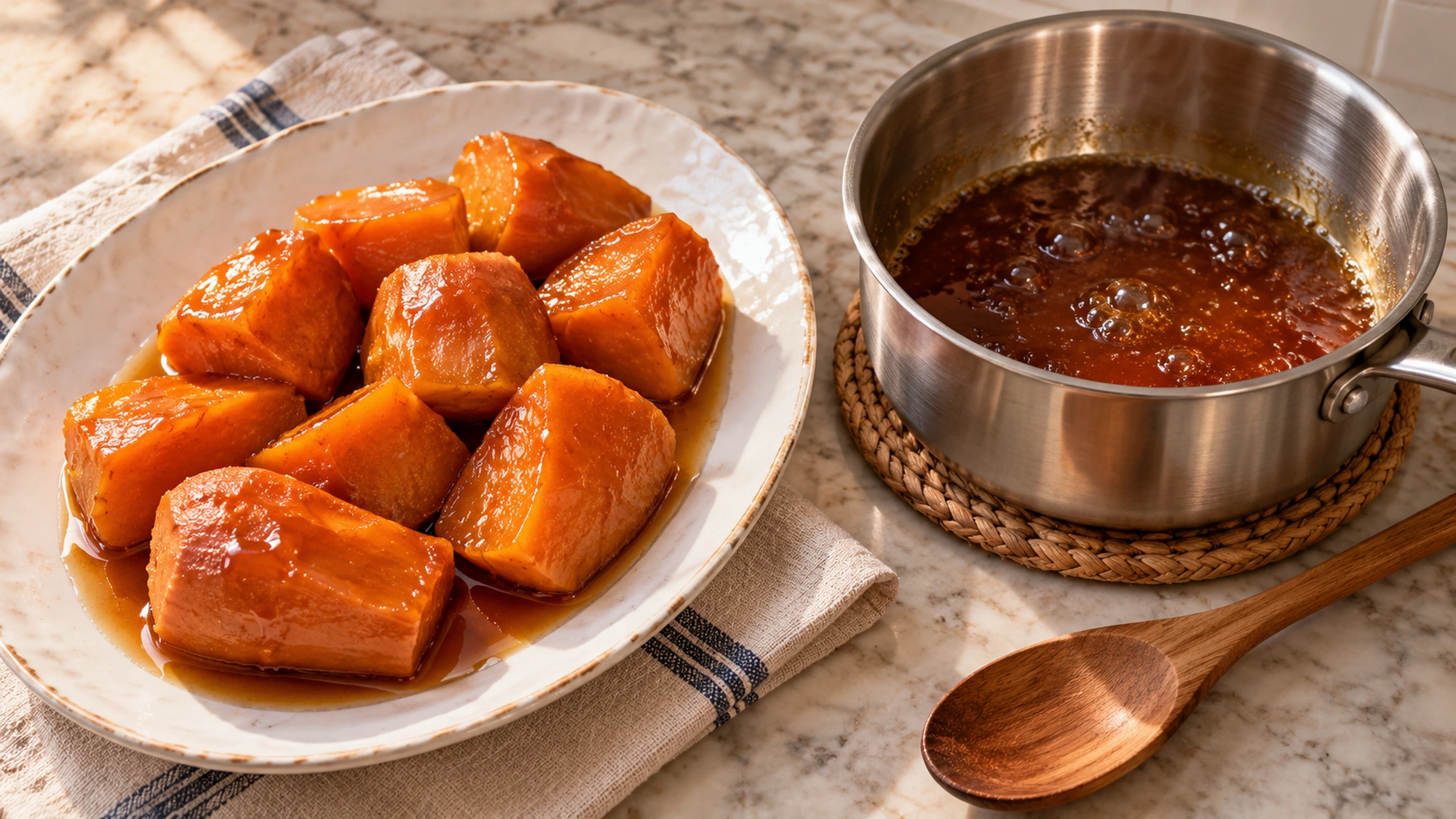 Tender camotes en dulce pieces beside a saucepan of piloncillo syrup.