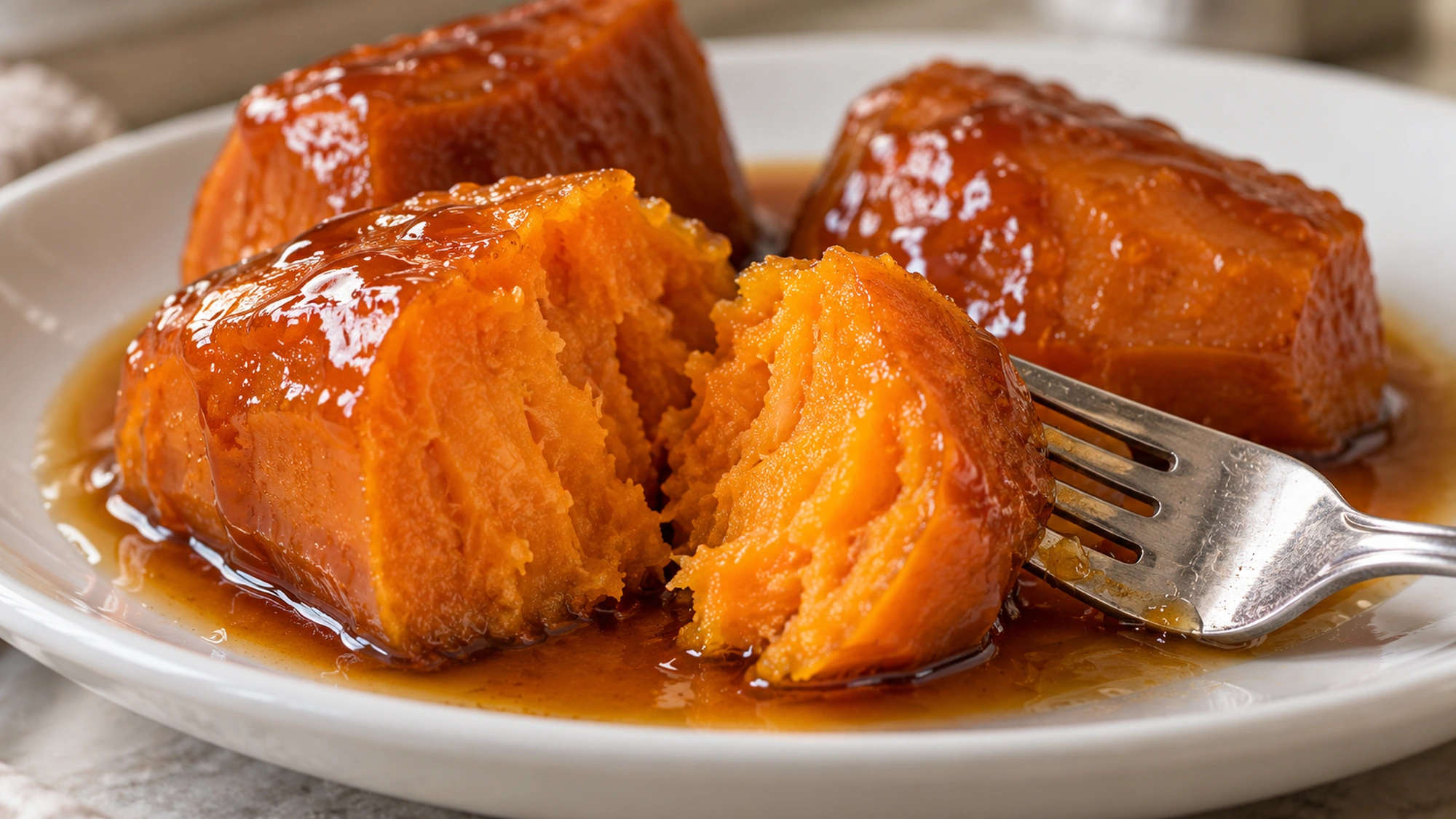 A fork reveals the soft orange center of camotes en dulce.