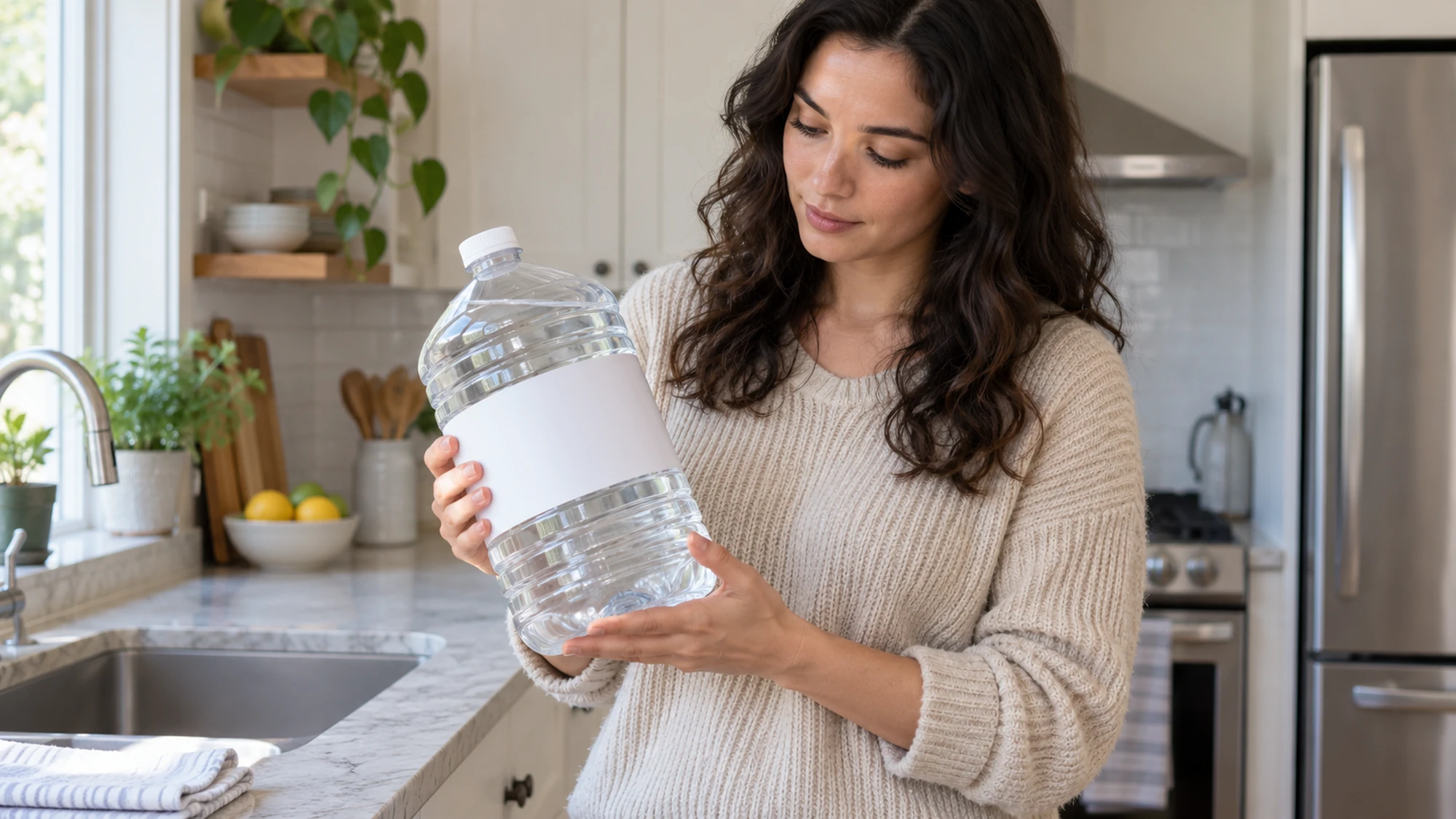 Adult looking at a blank white label on a capped water bottle.