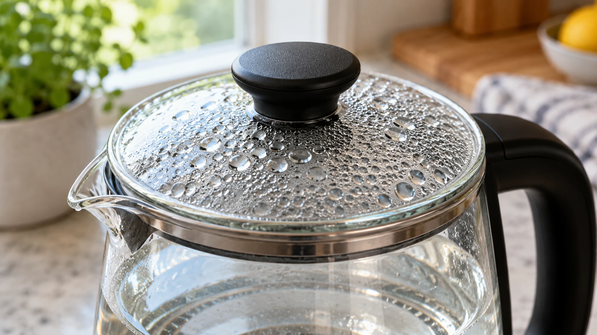 Condensation droplets on a glass kettle lid in a home kitchen.