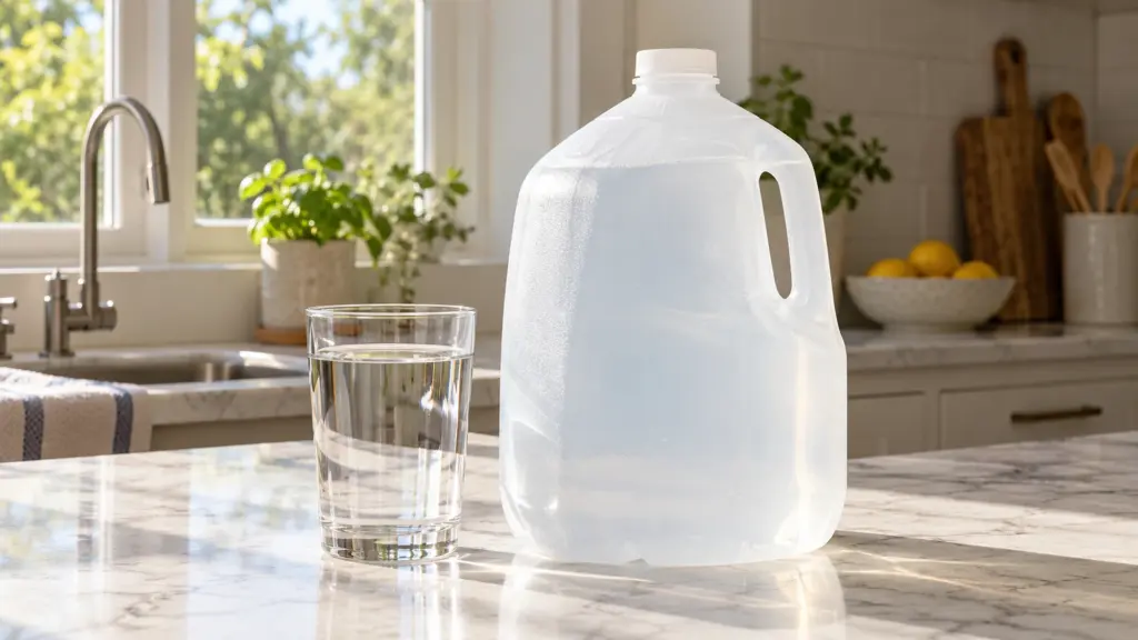 Capped translucent water jug beside a glass of water on a sunlit kitchen counter.