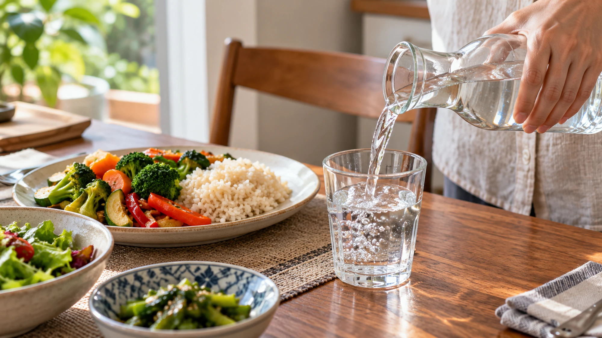 Water being poured from a glass carafe beside a vegetable and rice meal.