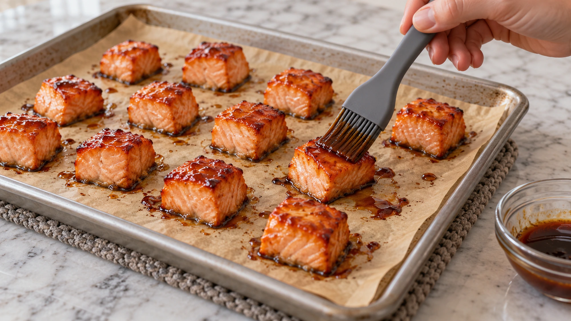Candied salmon bites receiving a thin glaze coat on a parchment-lined baking pan.