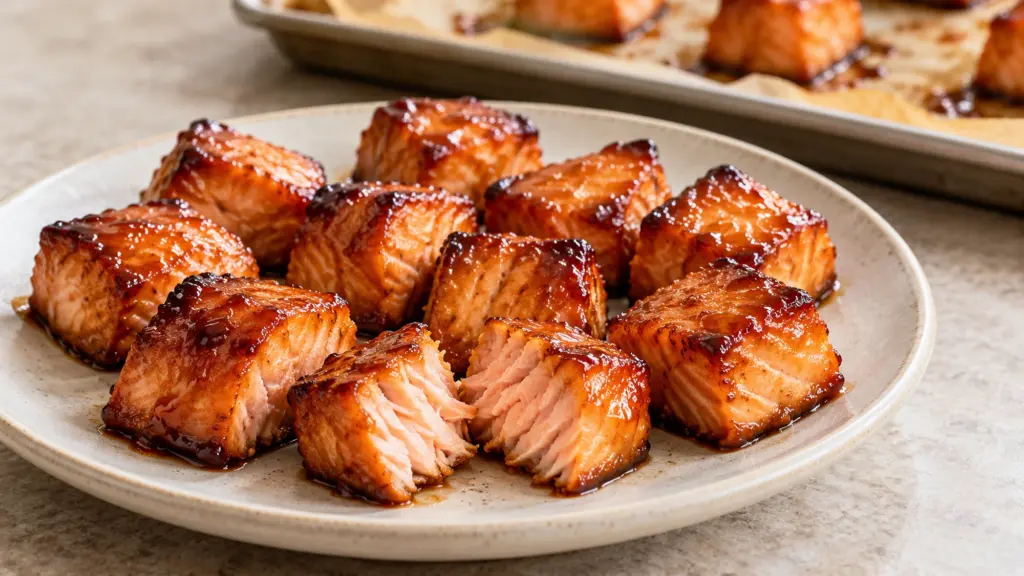 Candied salmon bites with an amber maple coating and cooked flaky centers.