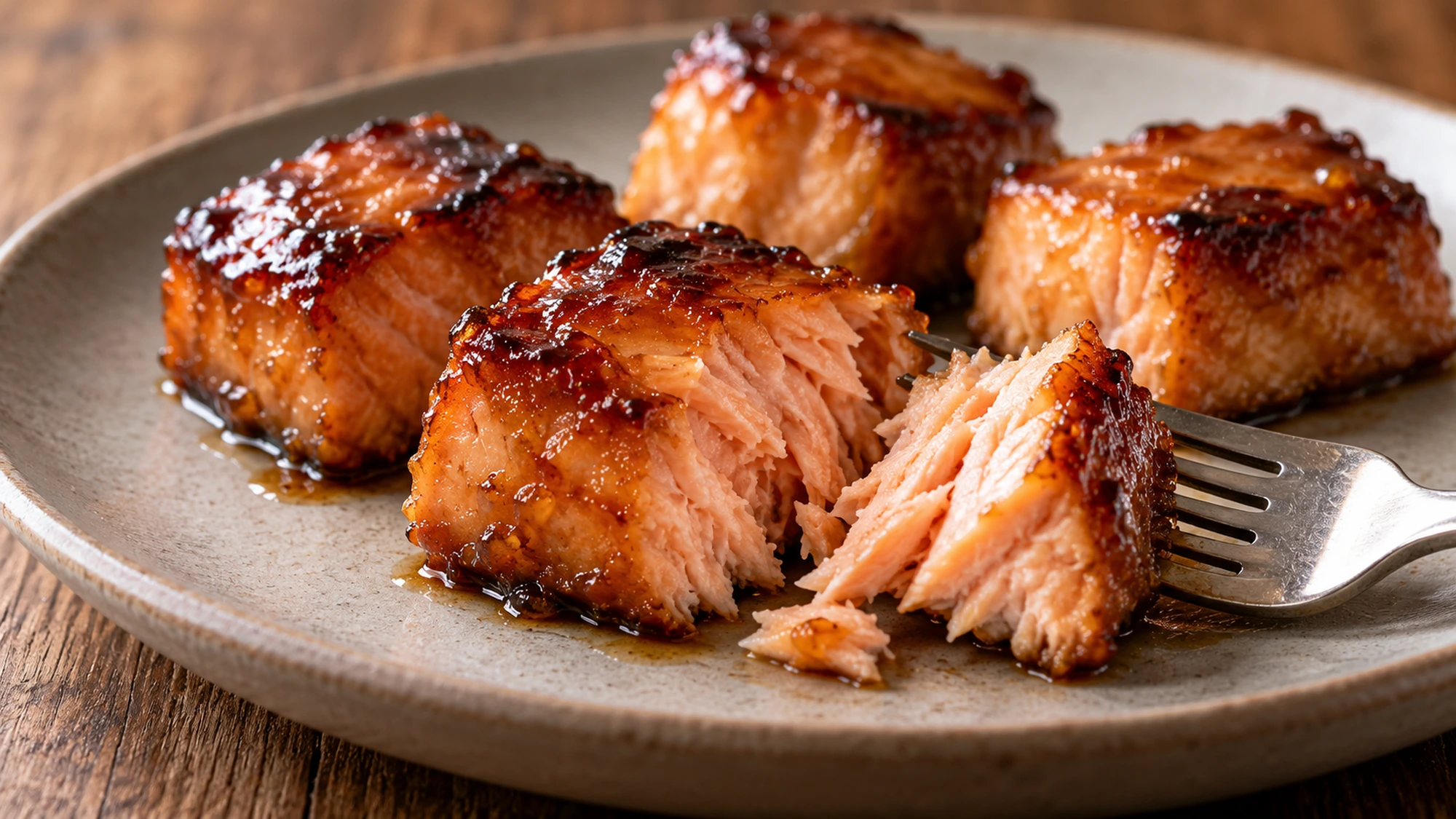 A split candied salmon bite showing cooked pink flakes beneath the maple coating.