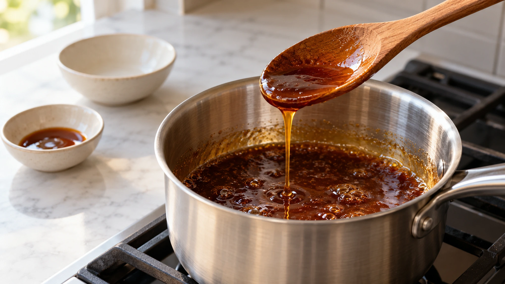 Maple-soy glaze simmering in a saucepan for candied salmon.