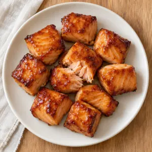 Overhead view of candied salmon bites with a maple-brown-sugar coating.