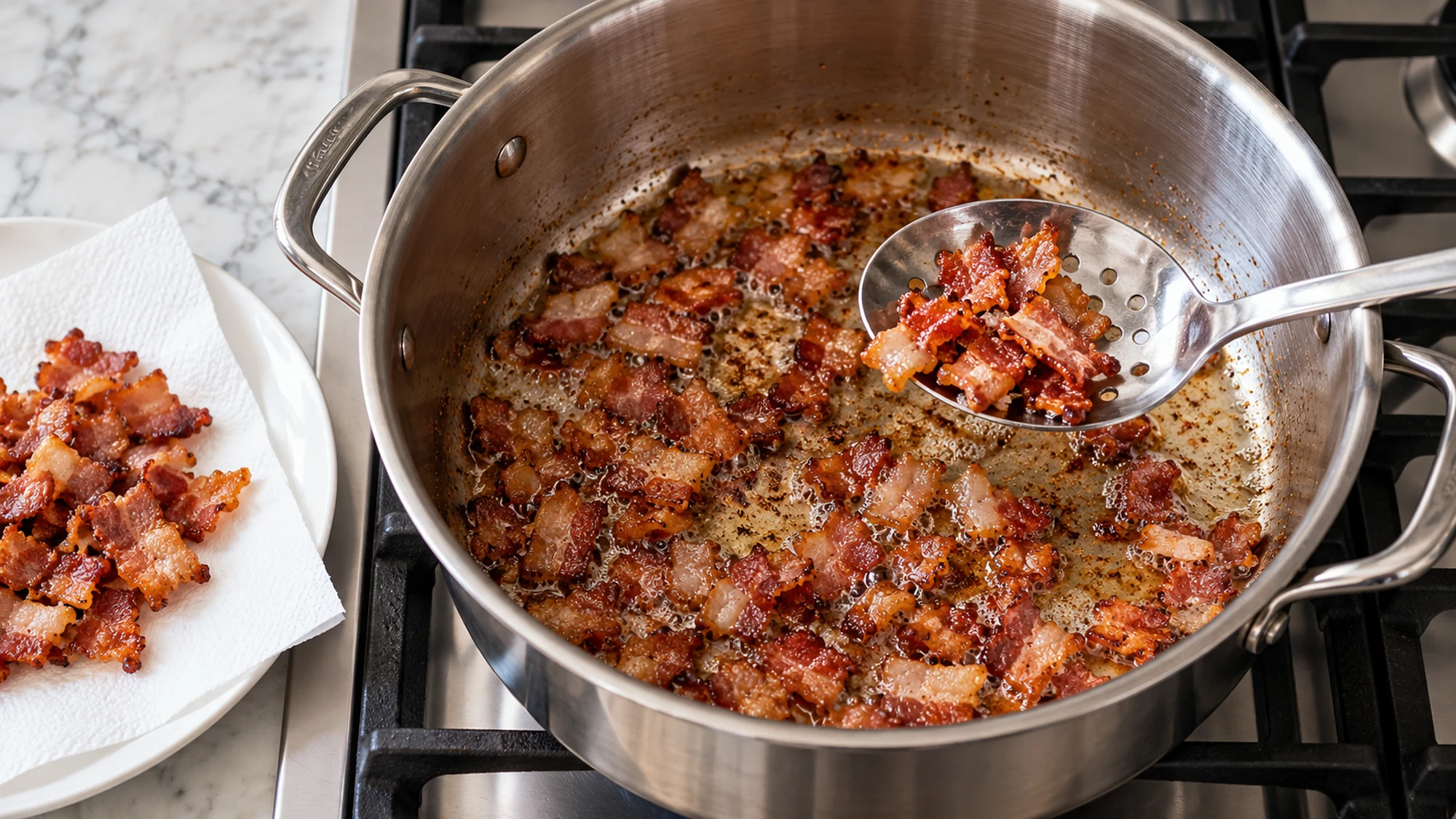 Crisp bacon being lifted from a pot before making carne en su jugo.
