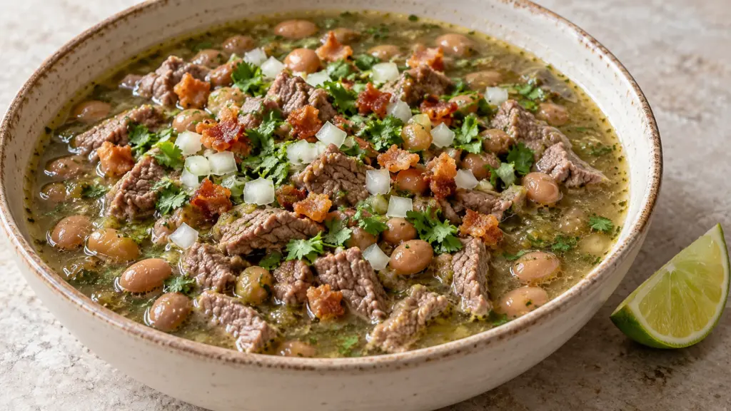 Carne en su jugo with thinly cut beef, pinto beans and crisp bacon in tomatillo broth.
