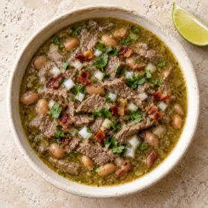 Overhead bowl of carne en su jugo with beef, pinto beans, onion and crisp bacon.