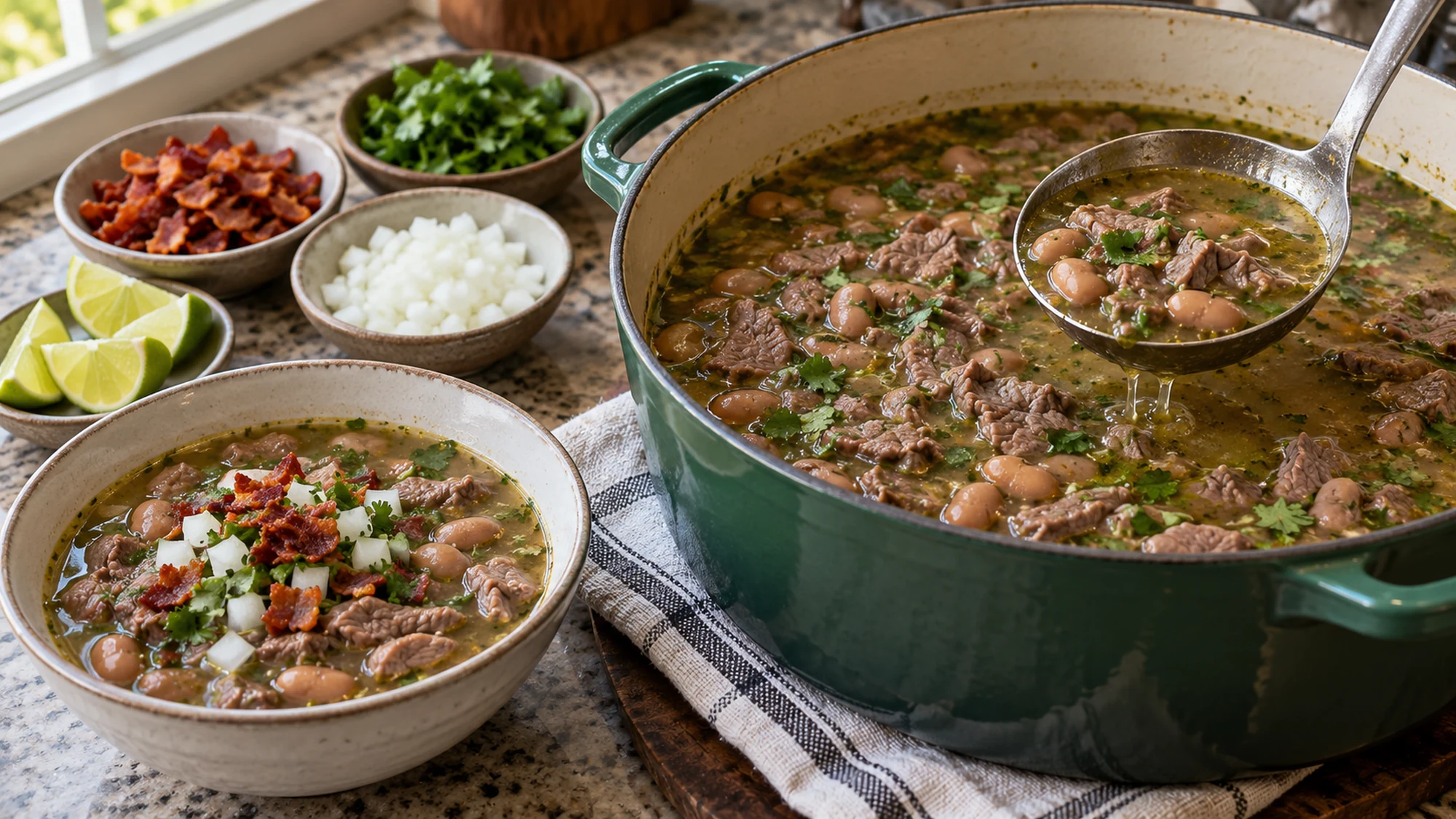 Carne en su jugo in a pot with bacon, onion, cilantro and lime kept alongside for serving.