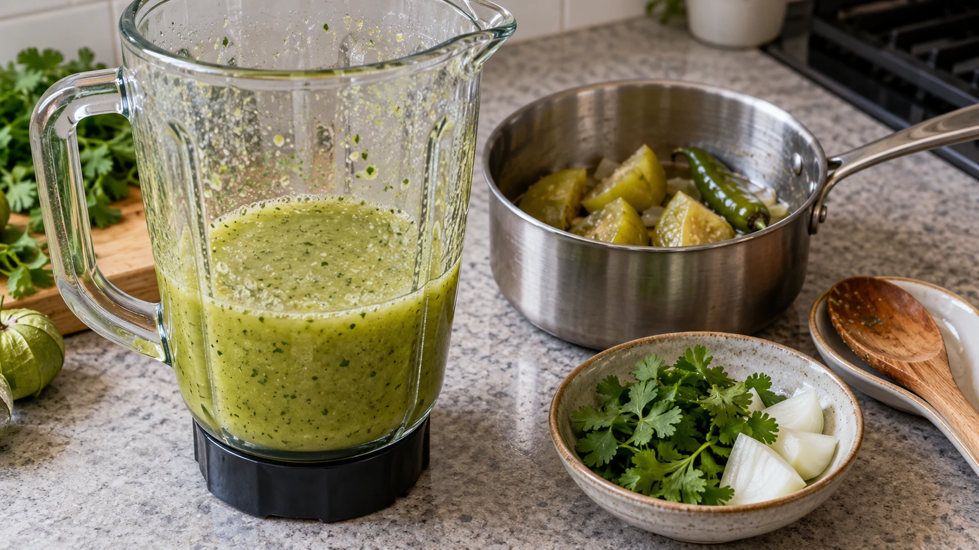 Blended tomatillo broth with cilantro beside softened tomatillos for carne en su jugo.