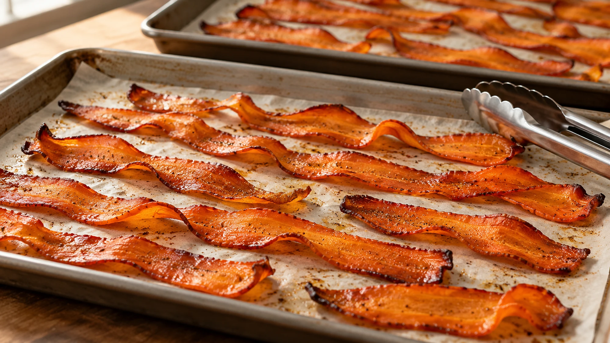 Thin carrot bacon ribbons in a single layer on parchment-lined baking sheets.