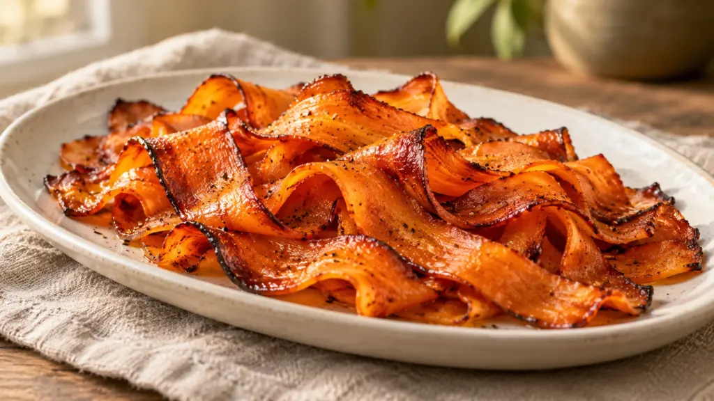 Carrot bacon with a smoky maple glaze and browned curled edges on a white plate.