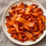 An overhead plate of carrot bacon with a smoky maple glaze.