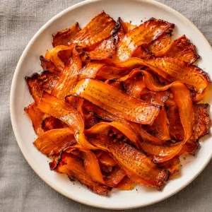An overhead plate of carrot bacon with a smoky maple glaze.