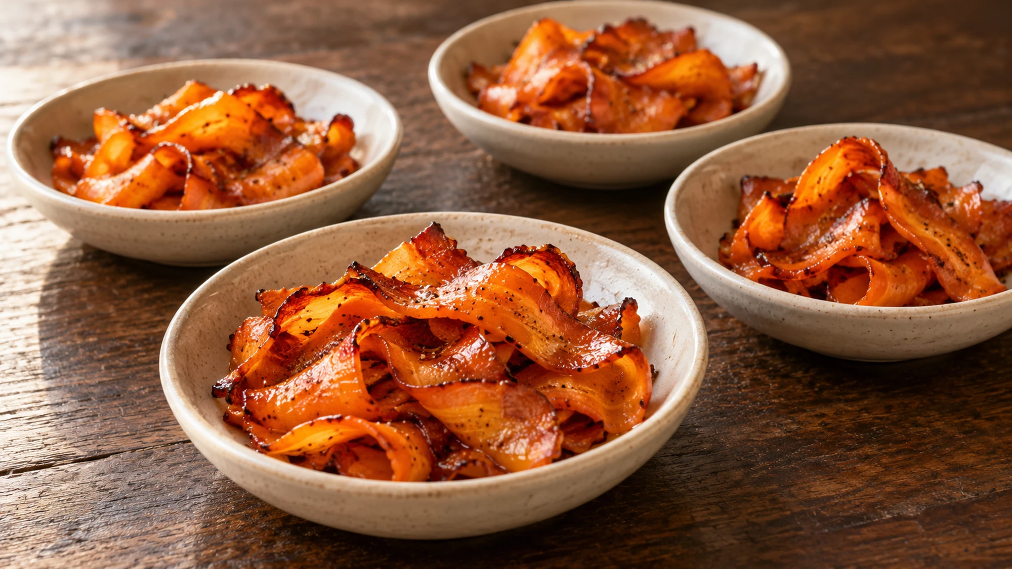 Four small bowls of carrot bacon for side servings.