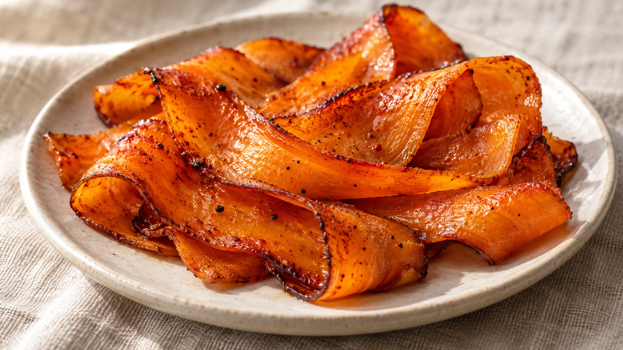 A close view of carrot bacon with browned edges and flexible orange centers.