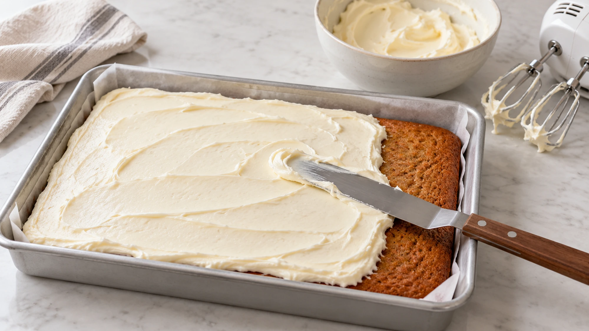 An offset spatula spreading a thin cream cheese frosting over a cooled carrot cake.