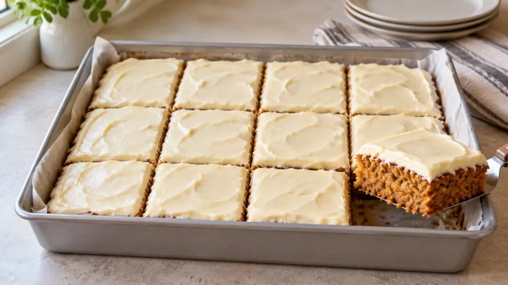 Carrot cake with a thin cream cheese frosting cut into twelve squares in a parchment-lined metal pan.