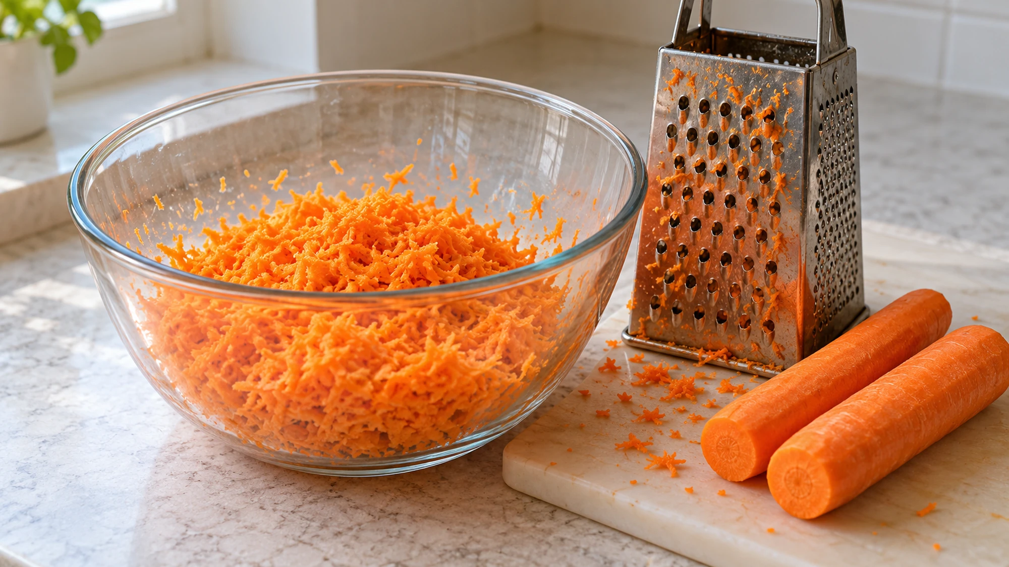 Freshly grated carrots in a bowl beside a box grater for carrot cake.