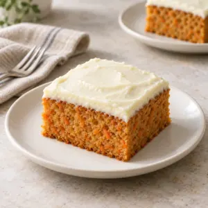 Carrot cake square with a thin cream cheese frosting and finely grated orange carrot in the crumb.