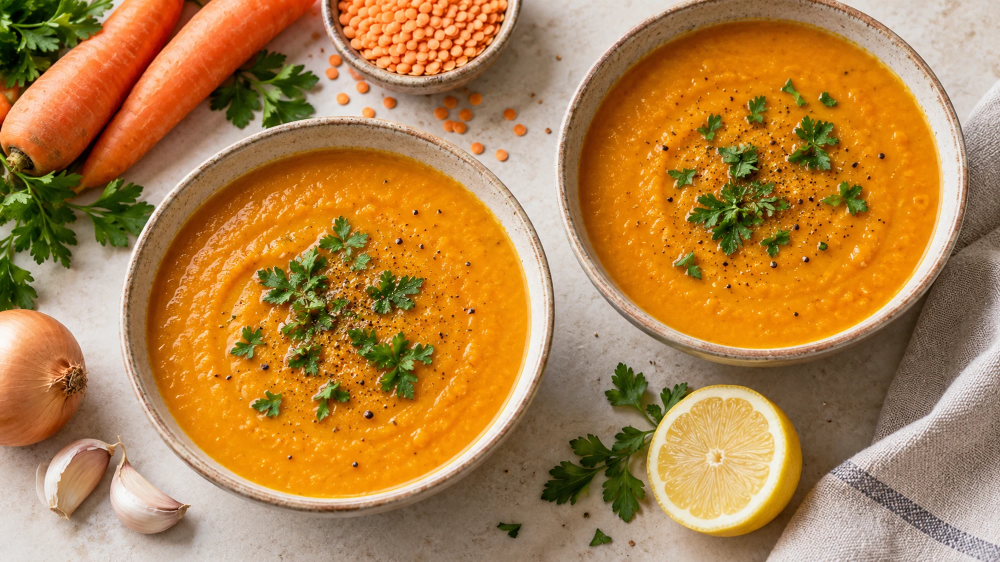 Two bowls of carrot red lentil soup with parsley and lemon