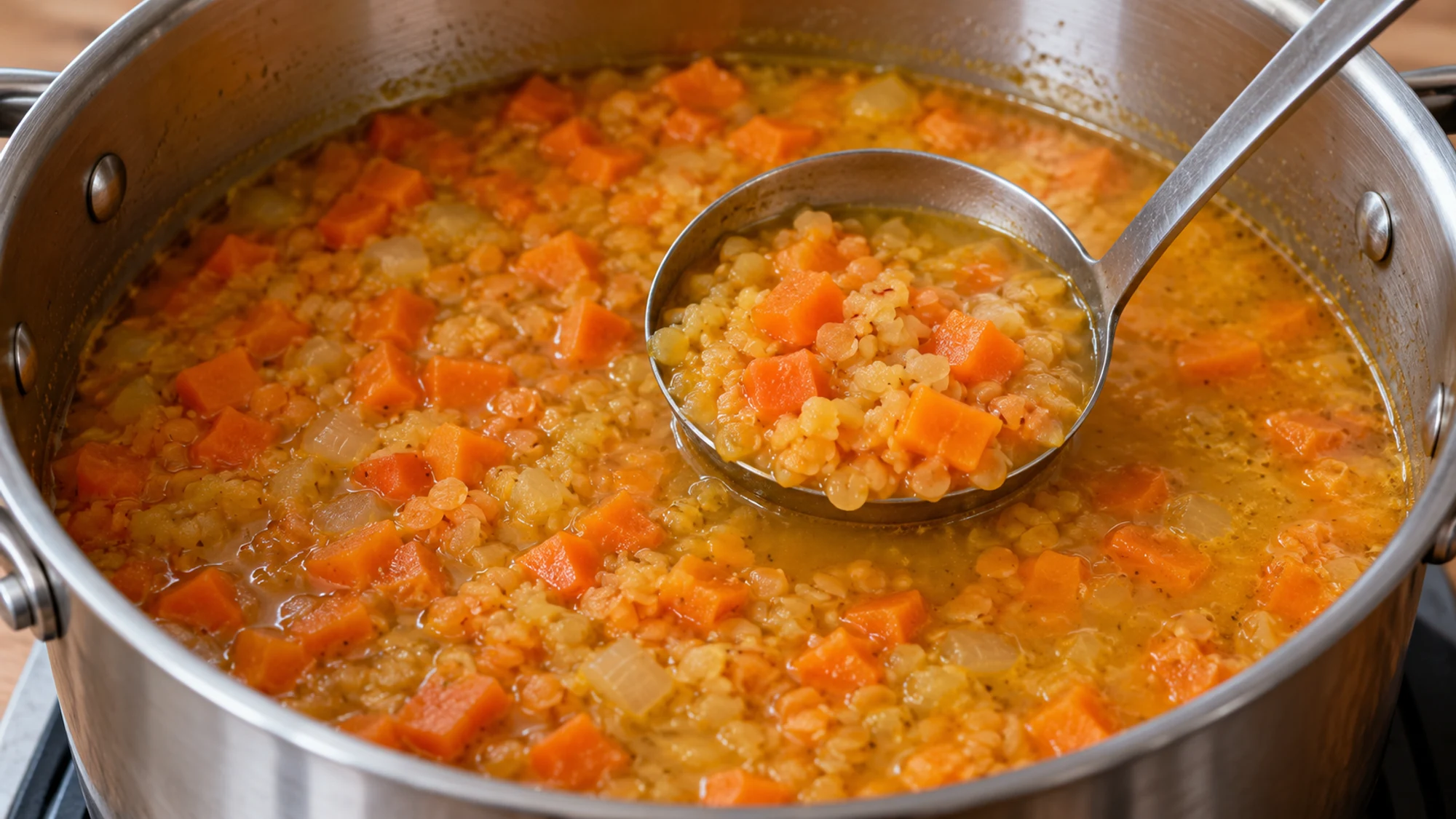 Soft carrots and lentils in a pot of carrot red lentil soup before blending