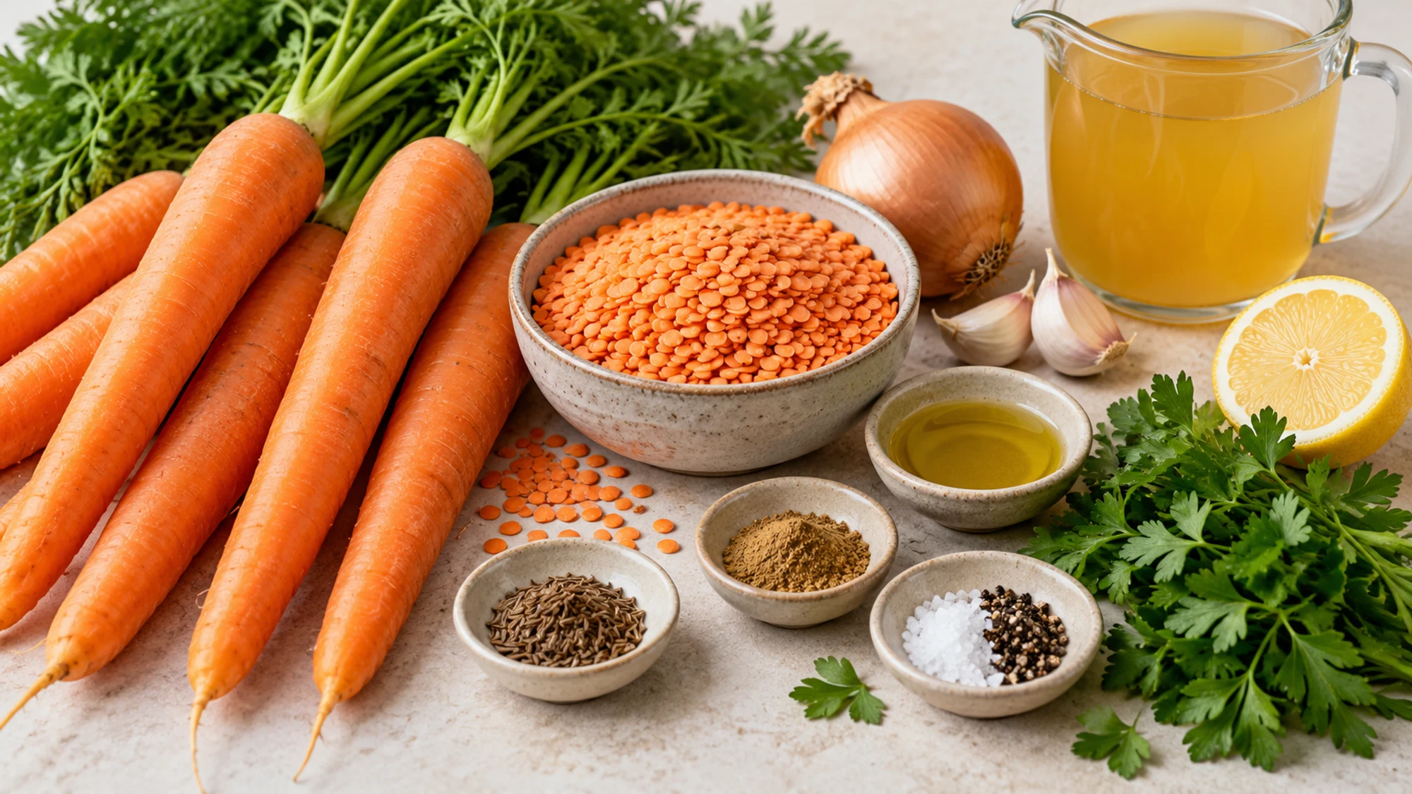 Carrots, split lentils and aromatics for carrot red lentil soup