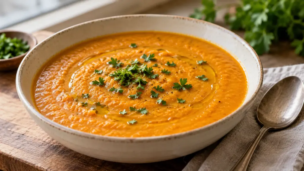 Carrot red lentil soup with parsley in a shallow ceramic bowl