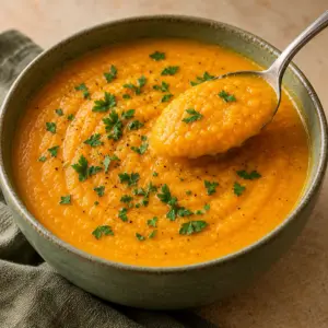 A spoonful of carrot red lentil soup above a sage ceramic bowl