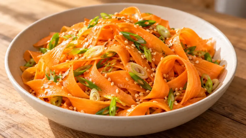 Carrot ribbon salad with lime, ginger and sesame in a shallow bowl