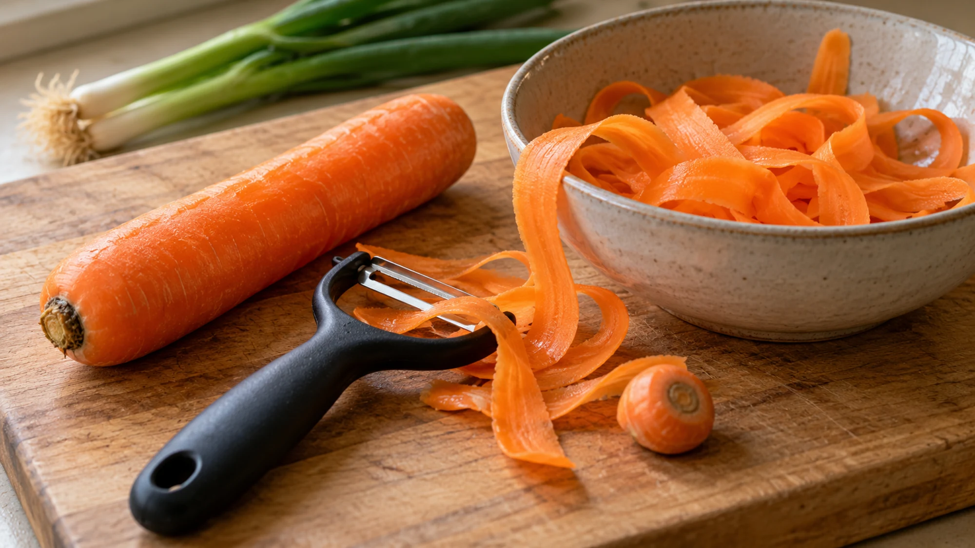 Peeling a carrot into long ribbons for carrot ribbon salad