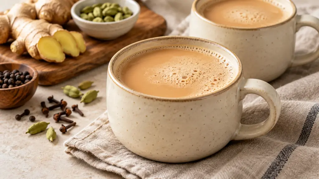 Chai latte in a ceramic cup with a light cap of milk foam.