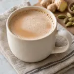Chai latte in a ceramic mug viewed closely from the side.