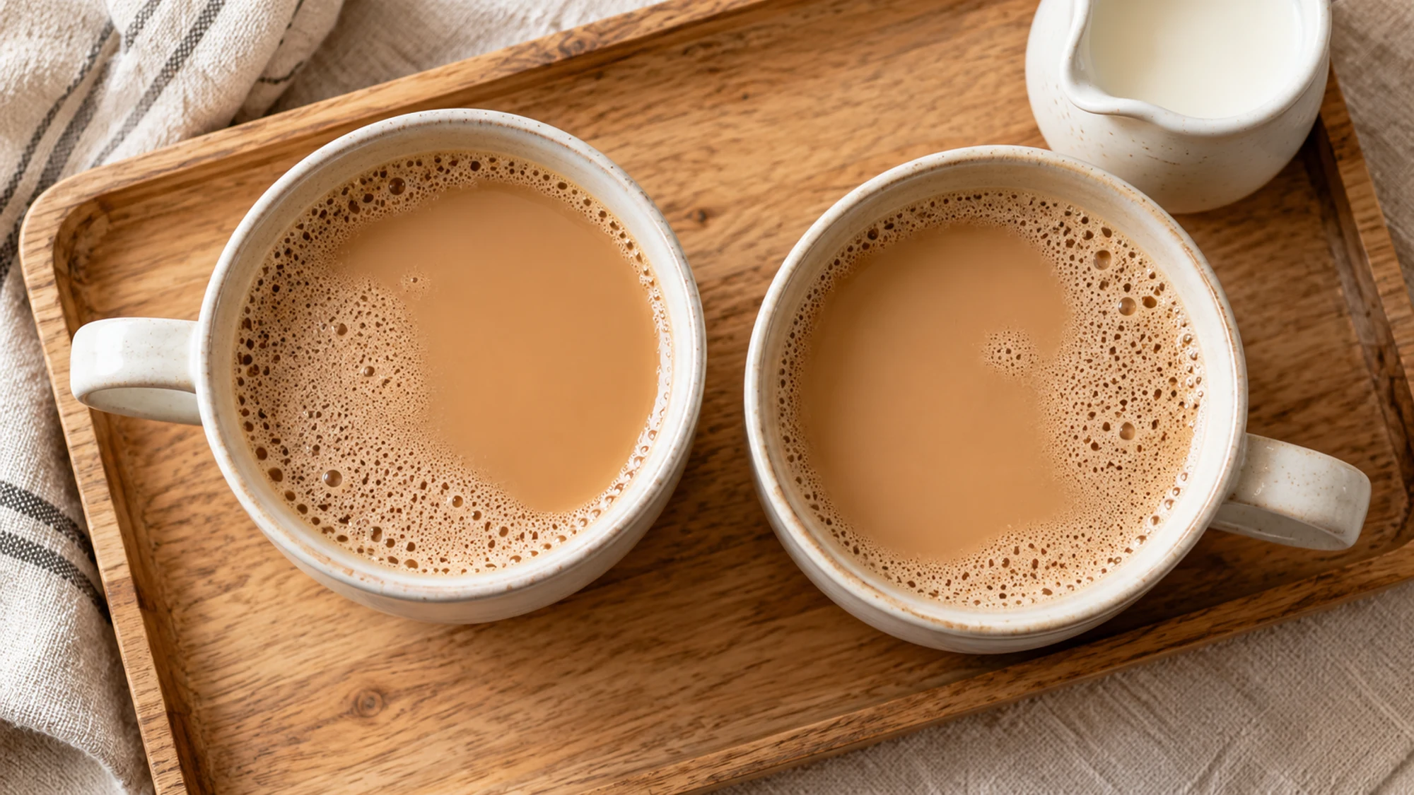 Chai latte served in ceramic cups beside cinnamon and cardamom.