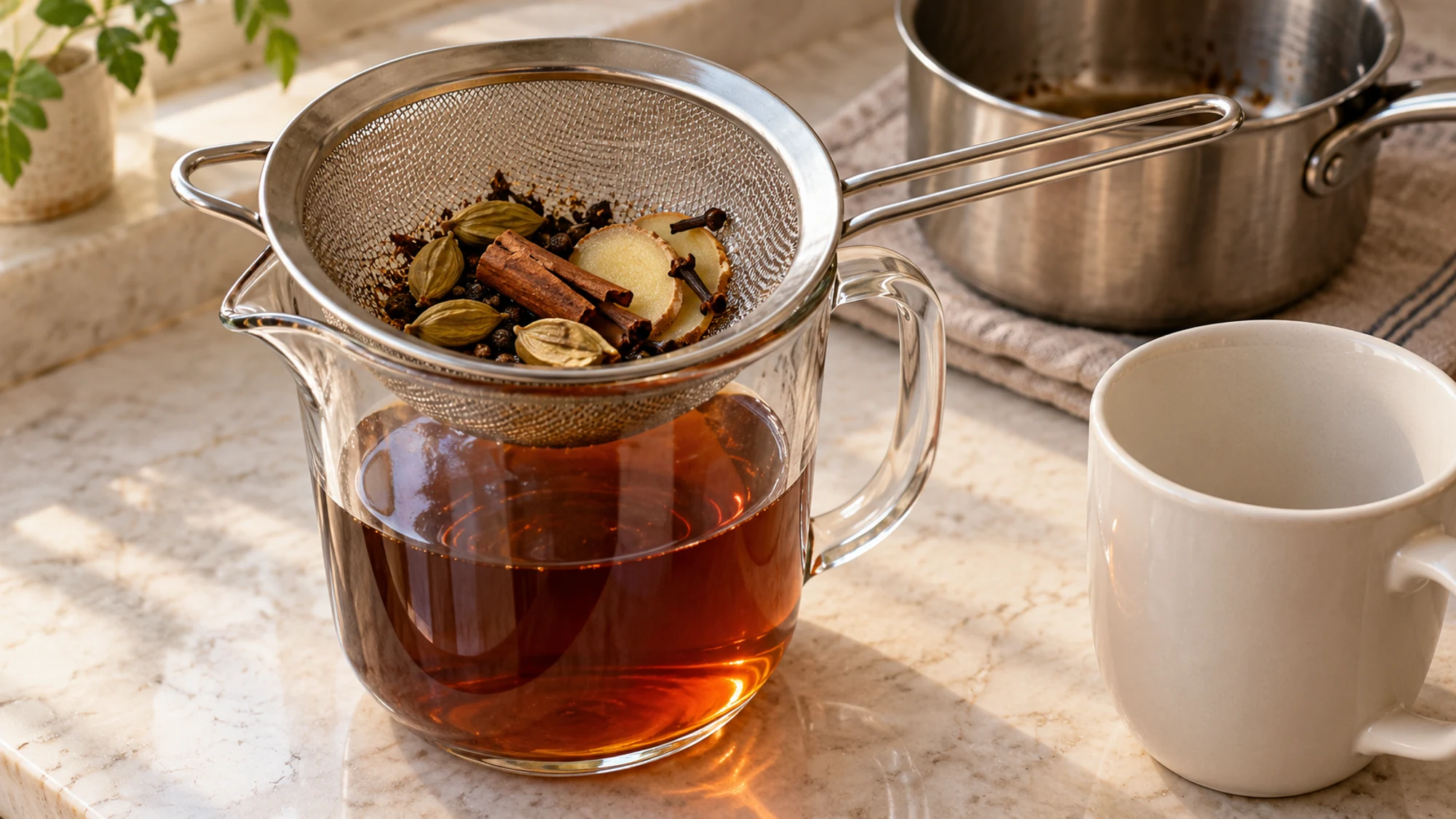 Chai latte tea and spice infusion being strained through a fine-mesh sieve.